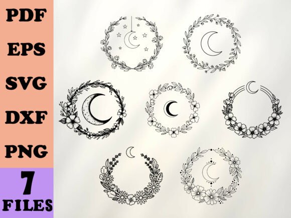 Boho Round Floral Frame with Moon
