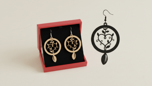 Floral Heart Pendant Earring Laser Cut