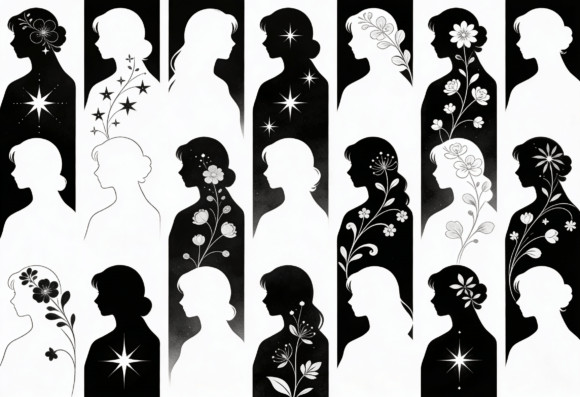 Floral Silhouette Women Art Print Black