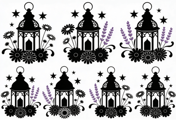 Lantern Floral Stars Black White Vector