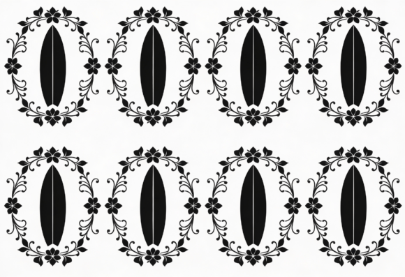 Surfboard Floral Oval Black White Design