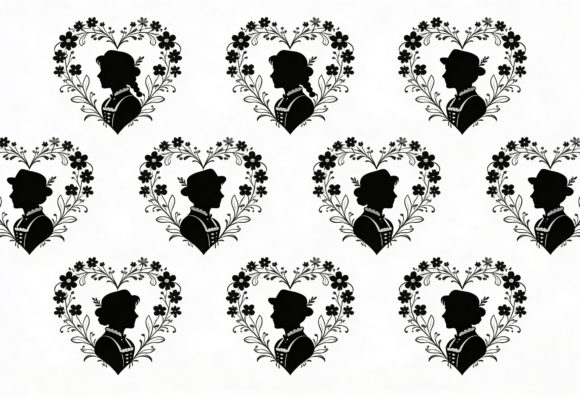 Vintage Silhouette Heart Floral Clipart